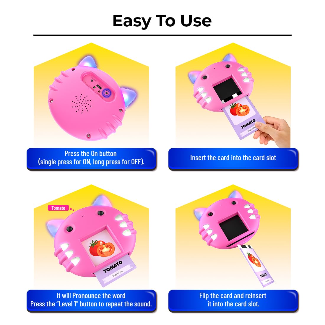 Mirana Talking Kitty - Montessori Educational Flash Cards - Interactive Learning Toy for Kids Boys Girls - Multiple Game Modes Alphabets & Math - USB Type-C Rechargeable - Age 2+ Years (Blue, Medium)