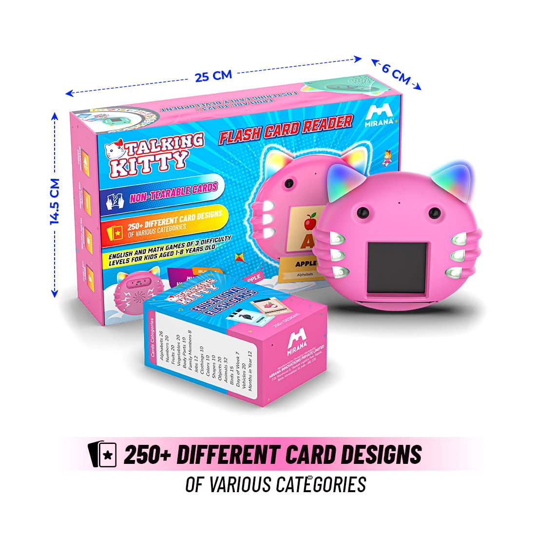 Mirana Talking Kitty - Montessori Educational Flash Cards - Interactive Learning Toy for Kids Boys Girls - Multiple Game Modes Alphabets & Math - USB Type-C Rechargeable - Age 2+ Years (Blue, Medium)