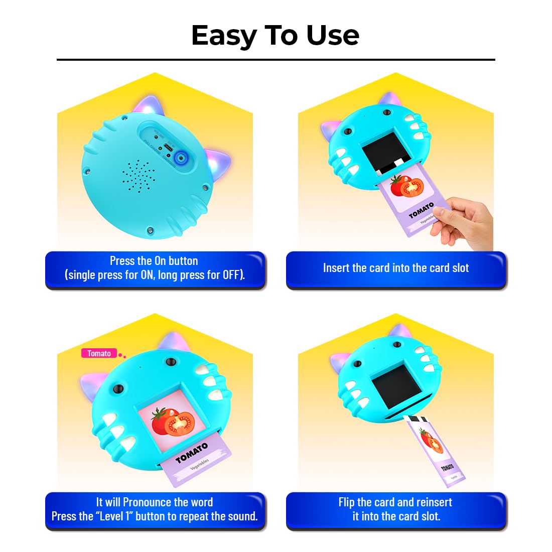 Mirana Talking Kitty - Montessori Educational Flash Cards - Interactive Learning Toy for Kids Boys Girls - Multiple Game Modes Alphabets & Math - USB Type-C Rechargeable - Age 2+ Years (Blue, Medium)