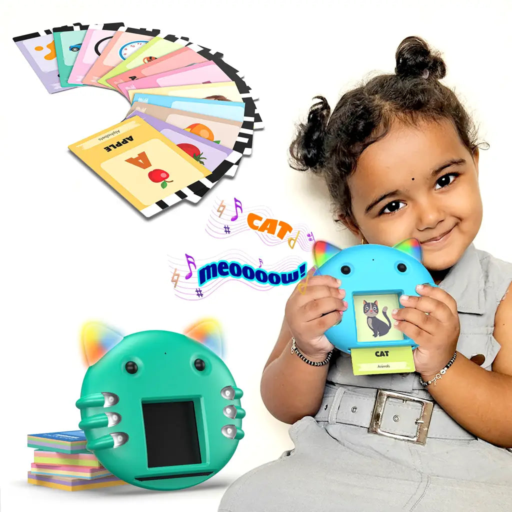 Mirana Talking Kitty - Montessori Educational Flash Cards - Interactive Learning Toy for Kids Boys Girls - Multiple Game Modes Alphabets & Math - USB Type-C Rechargeable - Age 2+ Years (Blue, Medium)