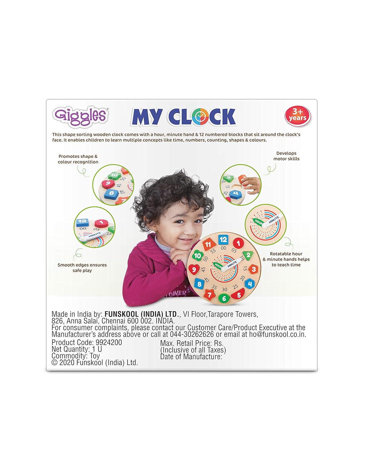 Giggles - My Clock, Shape Sorting Clock Puzzle, Teaches Time, Shapes and Numbers Preschool Toys (3 Years & Above, Multicolour)