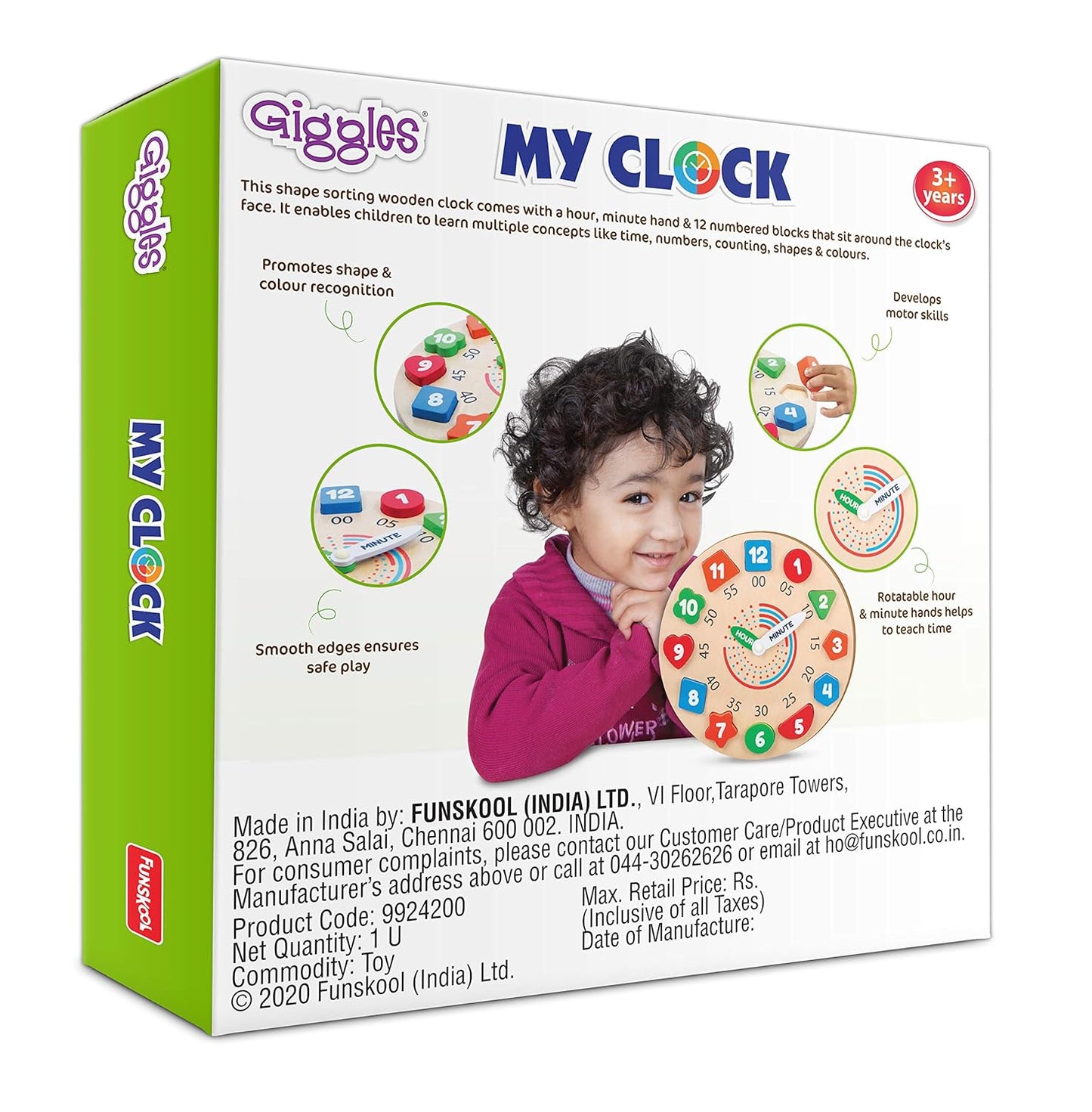 Giggles - My Clock, Shape Sorting Clock Puzzle, Teaches Time, Shapes and Numbers Preschool Toys (3 Years & Above, Multicolour)