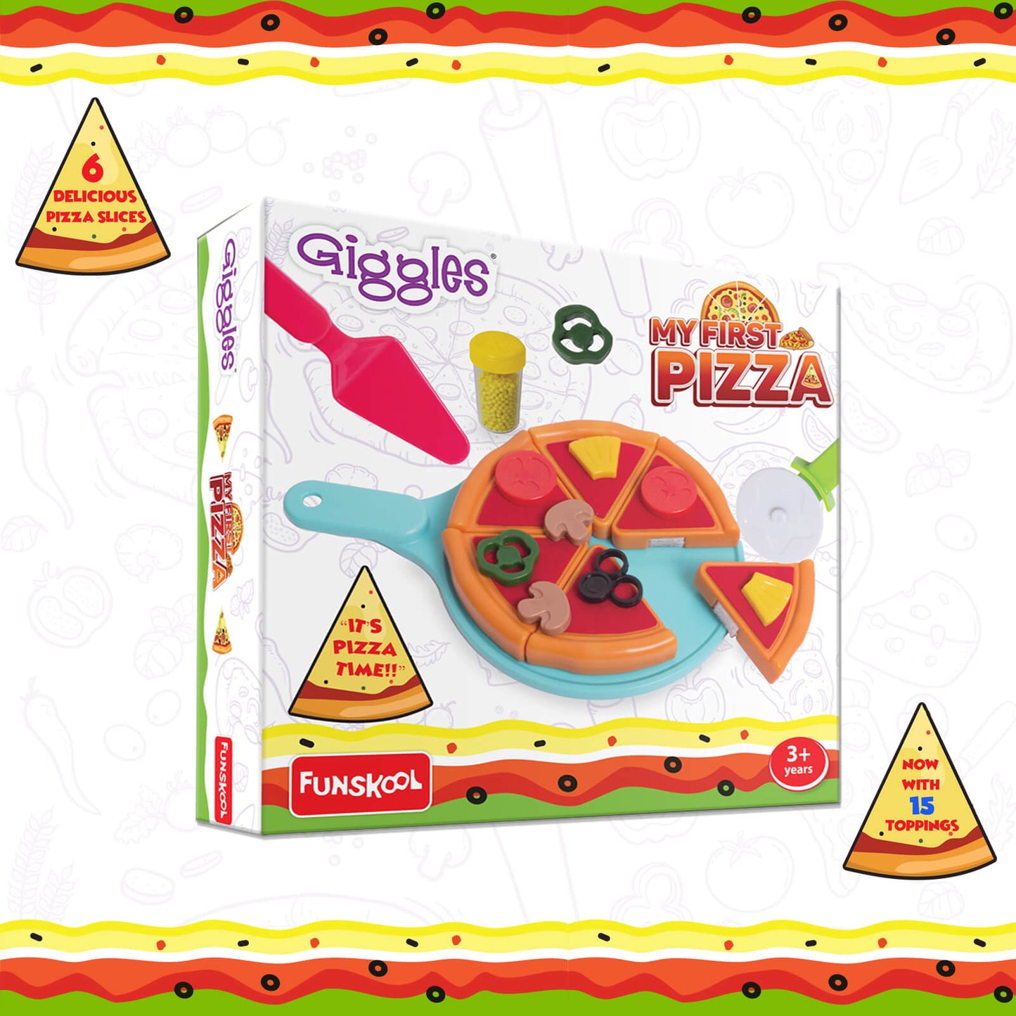 Funskool Giggles - My First Pizza, Role Play Toy, Food Set with 15 Toppings, Pretend Play, Toy for Kids and Toddlers, for 3 Years +, Multicolor