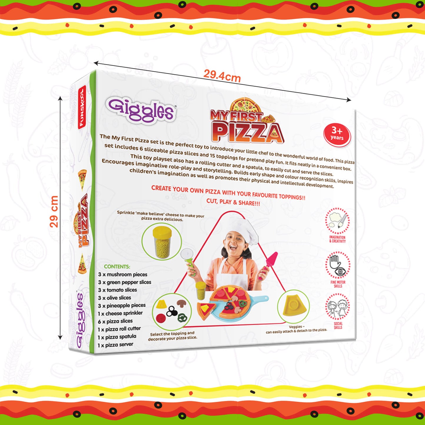 Funskool Giggles - My First Pizza, Role Play Toy, Food Set with 15 Toppings, Pretend Play, Toy for Kids and Toddlers, for 3 Years +, Multicolor