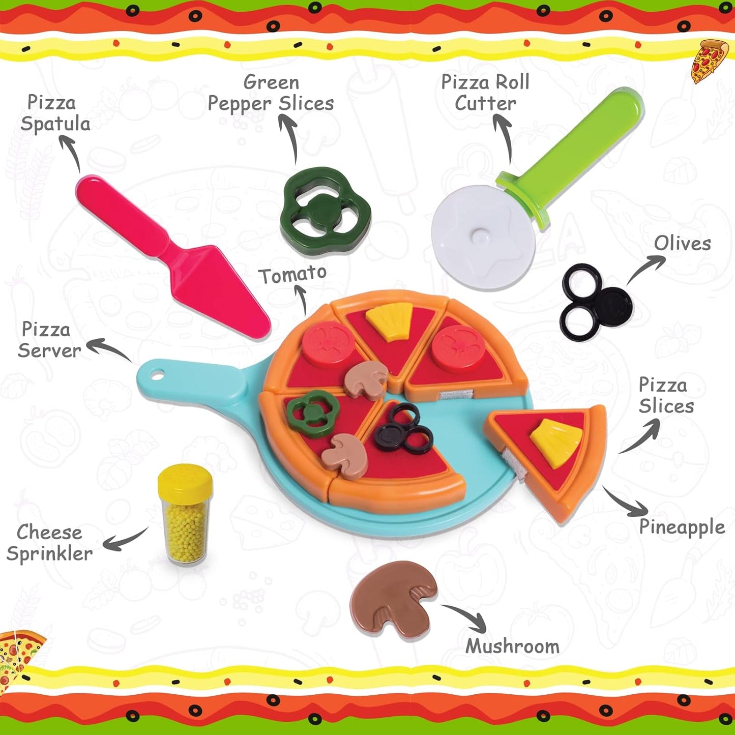 Funskool Giggles - My First Pizza, Role Play Toy, Food Set with 15 Toppings, Pretend Play, Toy for Kids and Toddlers, for 3 Years +, Multicolor