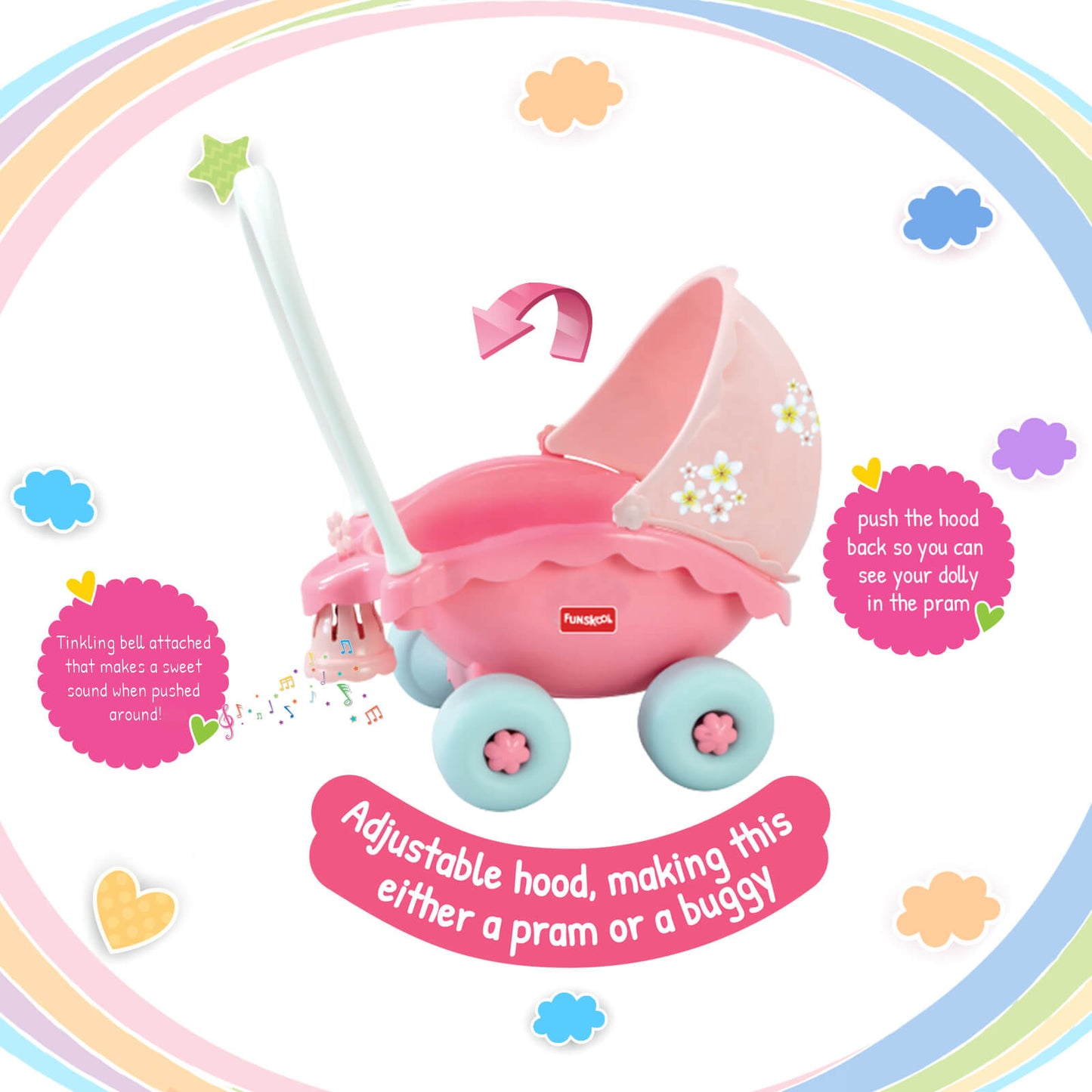Funskool Giggles - My Little Buggy, Push and Drive Buggy, Toy for kids, Stroller, Encourages Walking and Pretend Play, 18 months & above, Infant and Preschool Toys