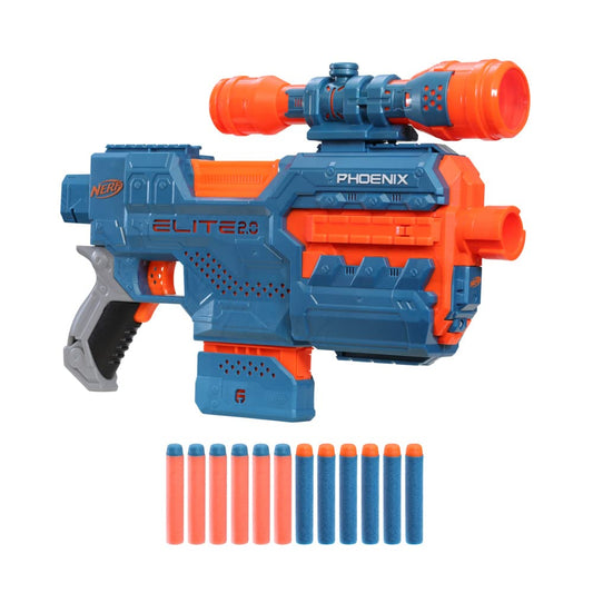 NERF Elite 2.0 Phoenix Cs-6 Motorized Blaster, 12 Darts, 6-Dart Clip, Scope, Tactical Rails, Multicolor