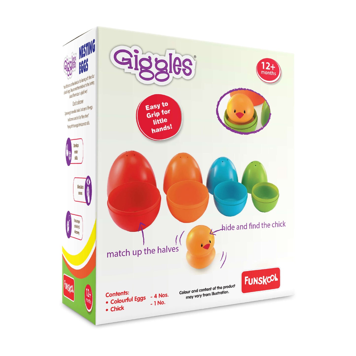 Giggles Funskool Plastic Eggs Nesting Toy With A Chick,Helps To Match,Nest And Discover,12 Months&Above,Infant And Preschool Toys,Multi Color Pack of 4 Pcs