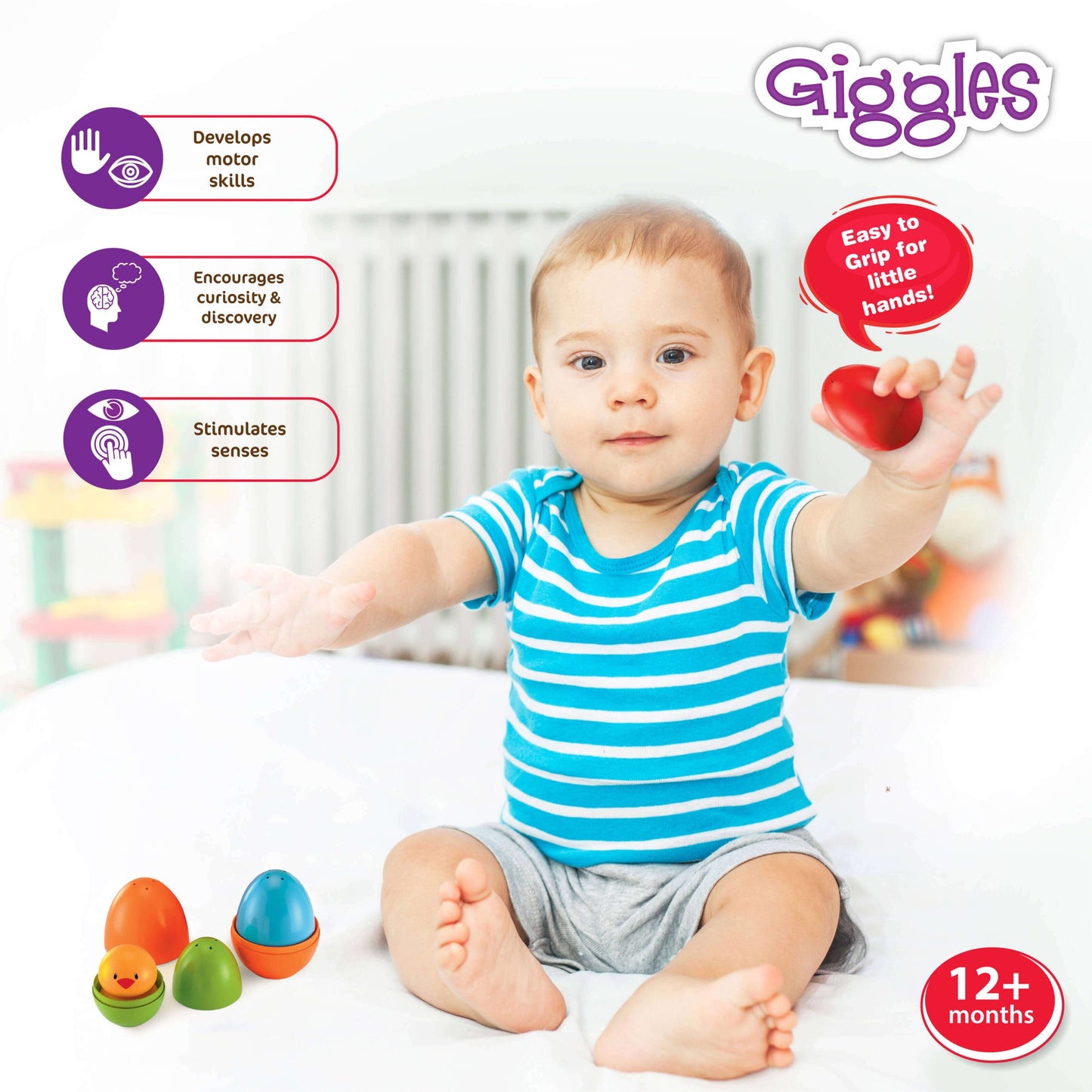 Giggles Funskool Plastic Eggs Nesting Toy With A Chick,Helps To Match,Nest And Discover,12 Months&Above,Infant And Preschool Toys,Multi Color Pack of 4 Pcs