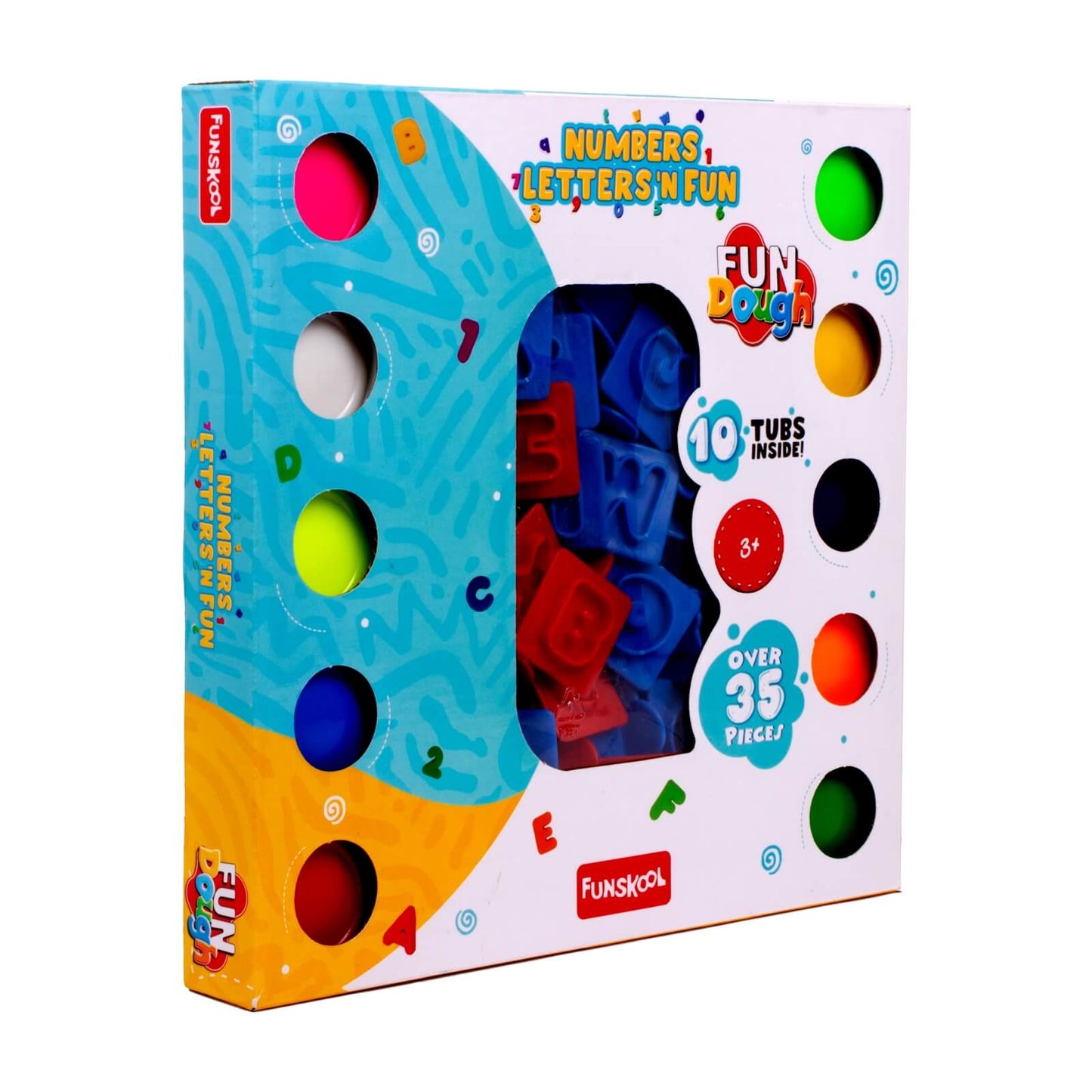 Funskool-Fundough Playset Numbers Letters N Fun, Ten tubs of Dough, an exciting and informative 35 Piece playset, Multicolour, Dough, Toy, Shaping, Sculpting, 3 Years