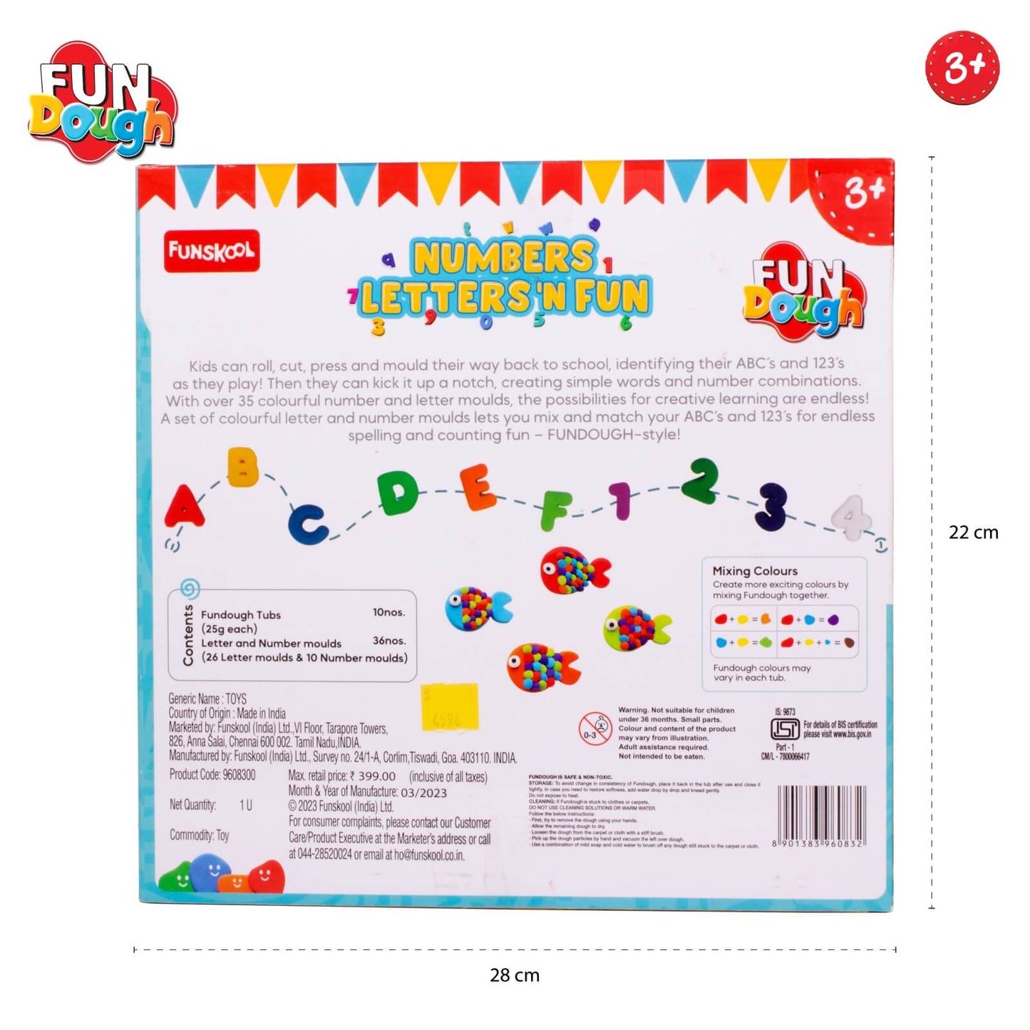 Funskool-Fundough Playset Numbers Letters N Fun, Ten tubs of Dough, an exciting and informative 35 Piece playset, Multicolour, Dough, Toy, Shaping, Sculpting, 3 Years