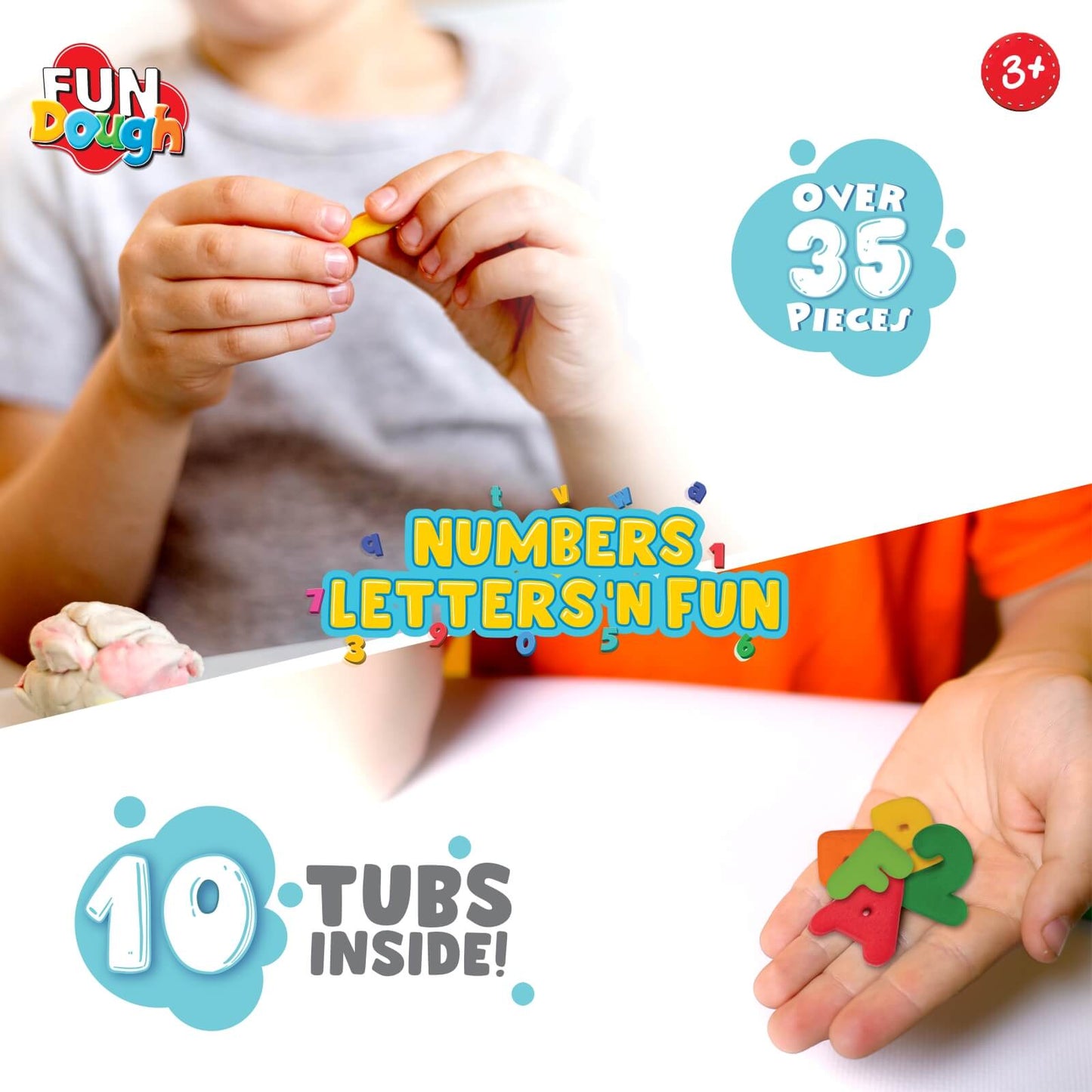 Funskool-Fundough Playset Numbers Letters N Fun, Ten tubs of Dough, an exciting and informative 35 Piece playset, Multicolour, Dough, Toy, Shaping, Sculpting, 3 Years