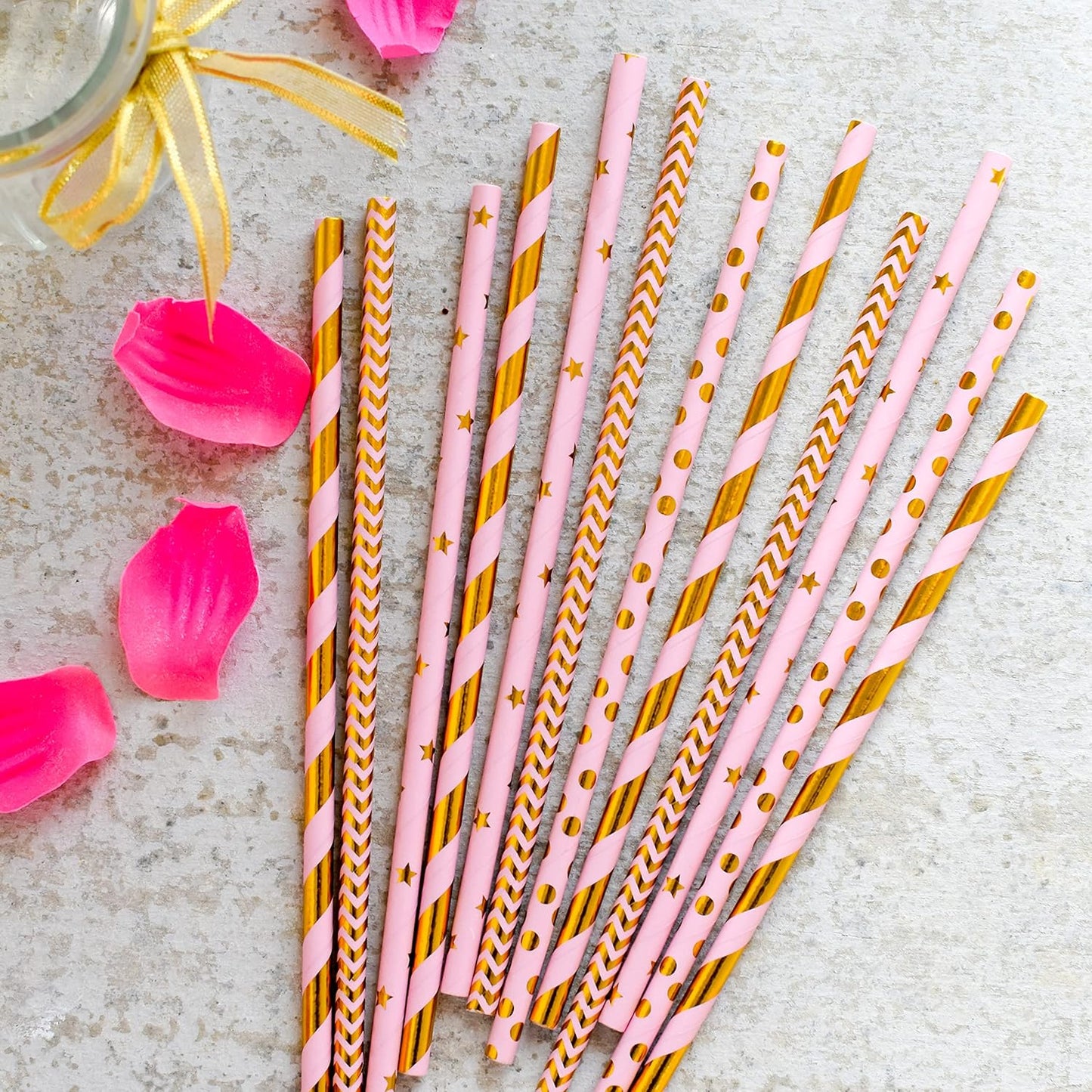 KEDON Pink Gold Paper Straws 100, Disposable Cake Pop Sticks Metallic Gold Striped Star Decorative Pink Straws for Drinking Cocktail Bachelorette Wedding Crafts Baby Bridal Shower Gender Reveal