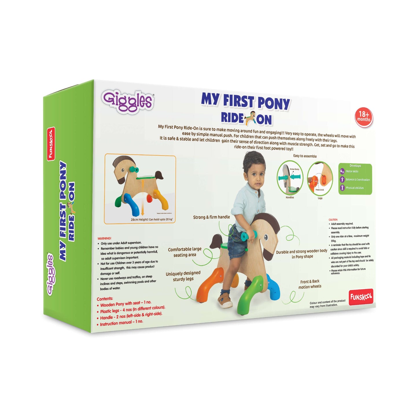Funskool Giggles - My First Pony, Ride On Toy, Wooden, Ride-on for Toddlers, 18 Months +, Front and Back Movement, Motor Skills and Sense of Direction, Indoors