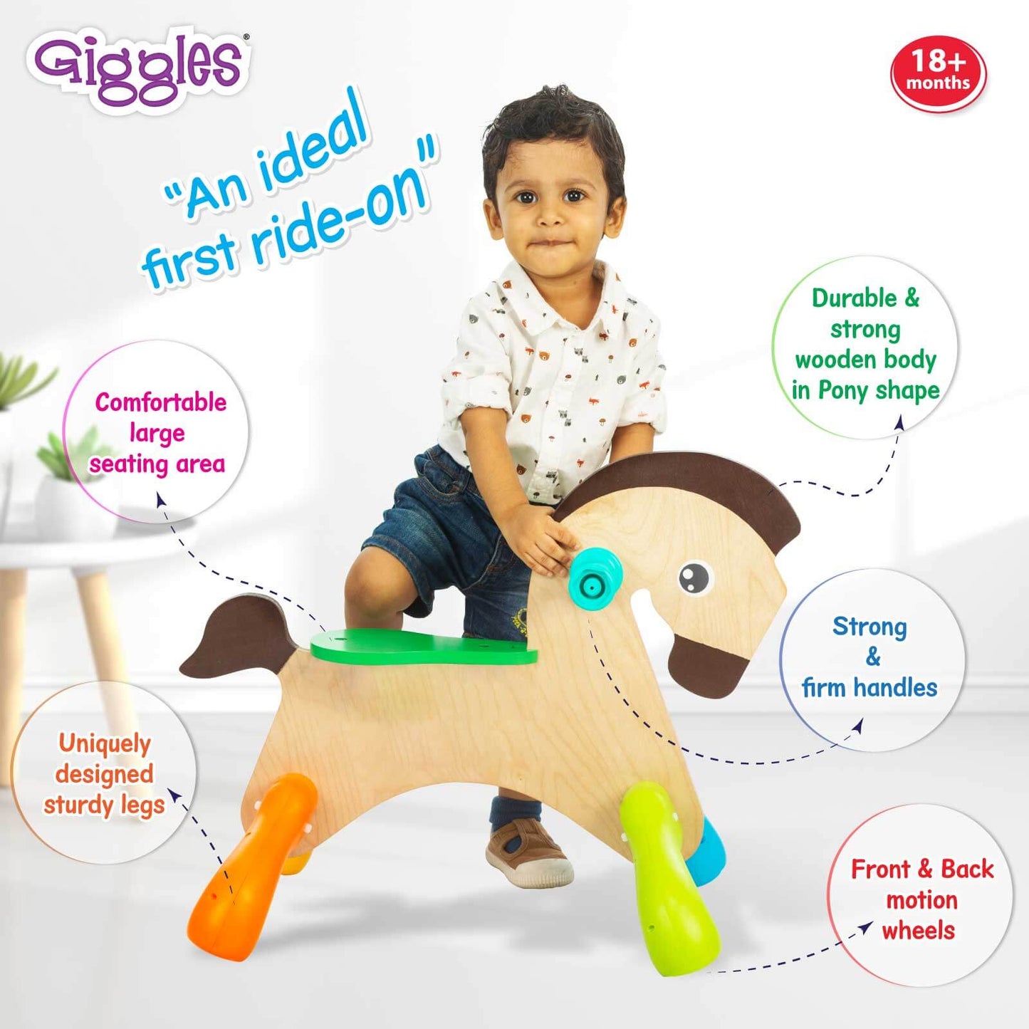 Funskool Giggles - My First Pony, Ride On Toy, Wooden, Ride-on for Toddlers, 18 Months +, Front and Back Movement, Motor Skills and Sense of Direction, Indoors