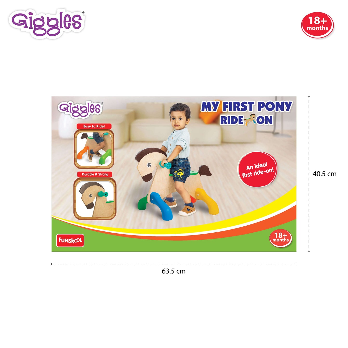 Funskool Giggles - My First Pony, Ride On Toy, Wooden, Ride-on for Toddlers, 18 Months +, Front and Back Movement, Motor Skills and Sense of Direction, Indoors