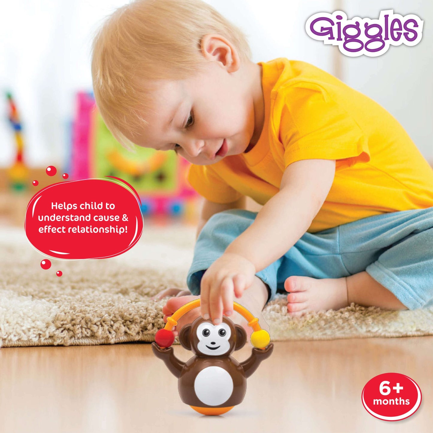Giggles Funskool Push N Crawl Monkey, Activity & Learning Toy for Babies, Toddlers, for Baby Boys & Girls, Encourage Crawling, Improve Balance, Multicolour, Gift Set for Kids, Ages 6+ Months