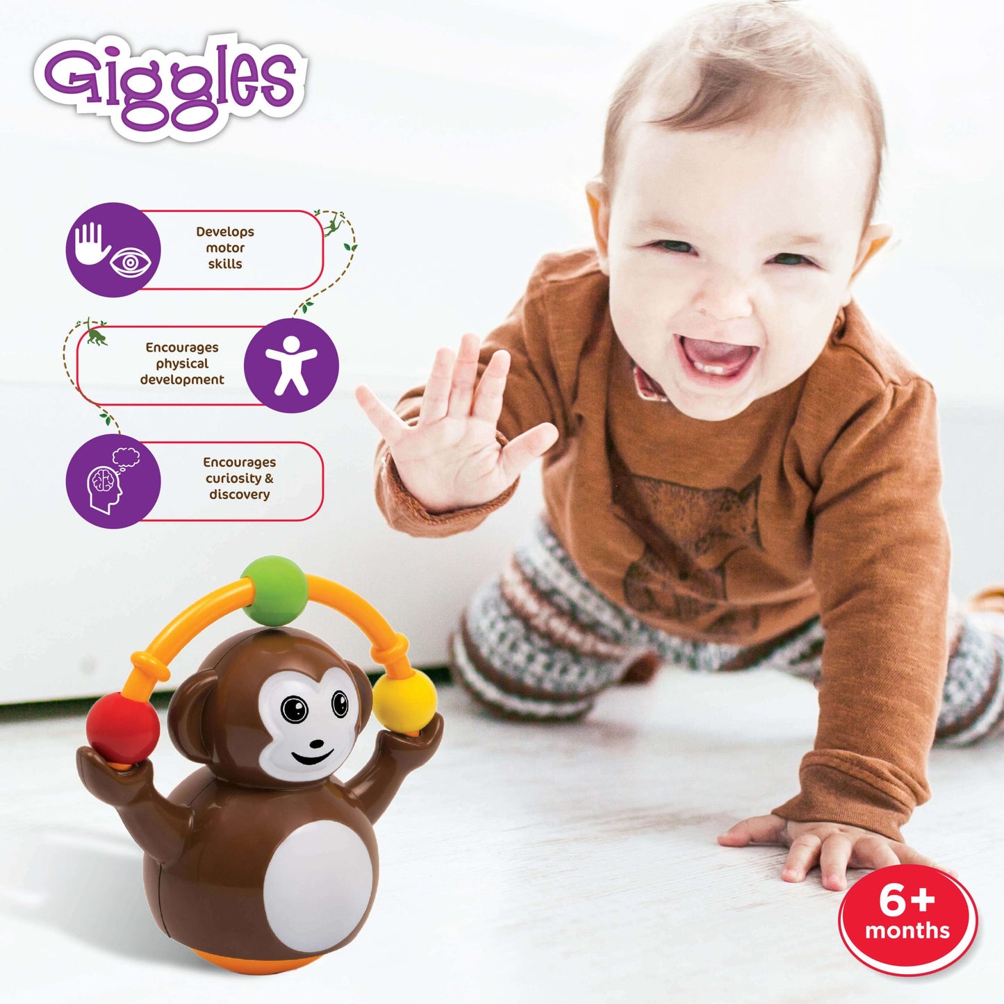 Giggles Funskool Push N Crawl Monkey, Activity & Learning Toy for Babies, Toddlers, for Baby Boys & Girls, Encourage Crawling, Improve Balance, Multicolour, Gift Set for Kids, Ages 6+ Months