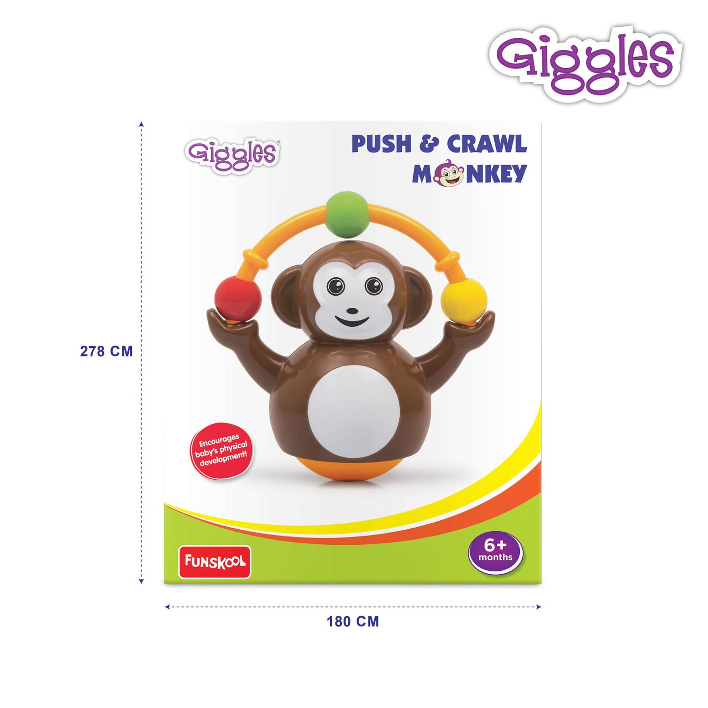 Giggles Funskool Push N Crawl Monkey, Activity & Learning Toy for Babies, Toddlers, for Baby Boys & Girls, Encourage Crawling, Improve Balance, Multicolour, Gift Set for Kids, Ages 6+ Months