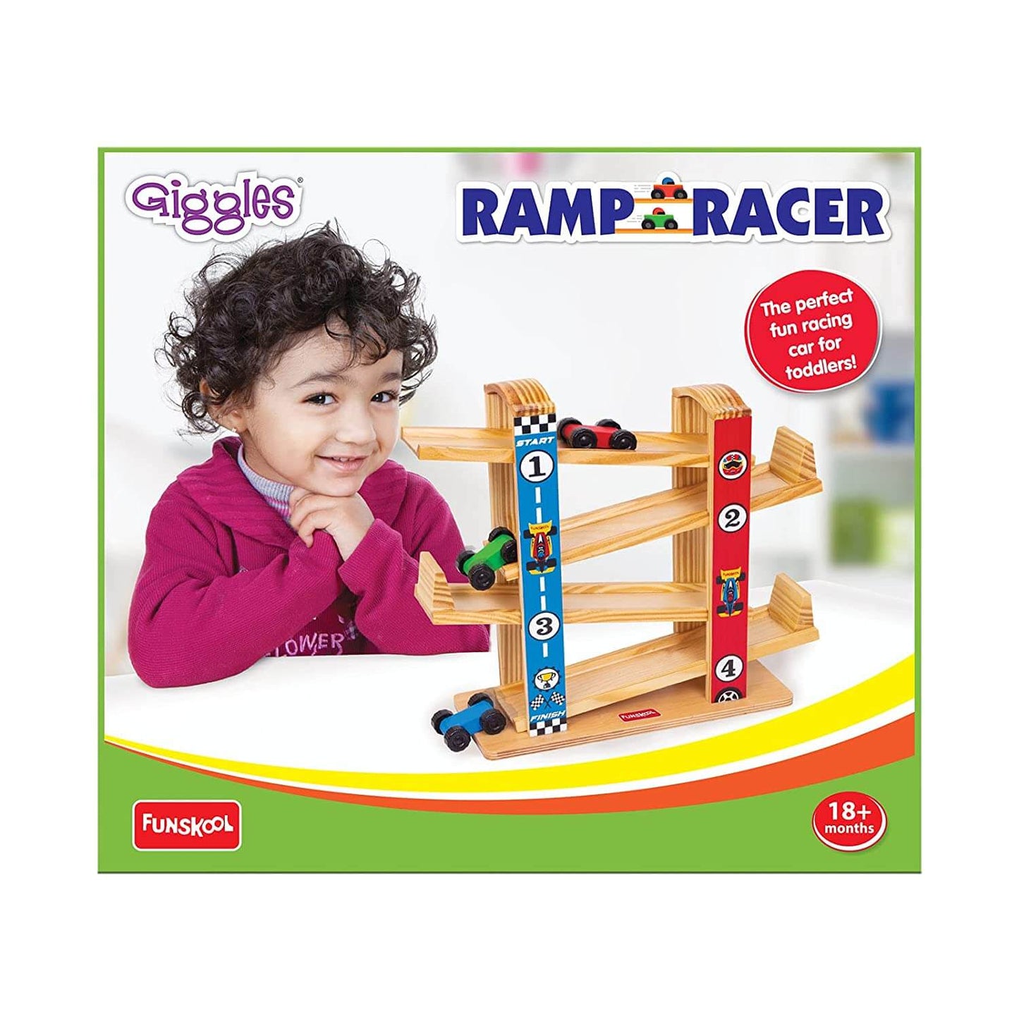 Giggles Funskool Ramp Racer, Wooden Racing Toy for Kids with 3 Mini Cars, Encourages Learning & Development, Motor Skills, Fun Activity for Preschool, Gift Set for Kid, Age 18+ Months