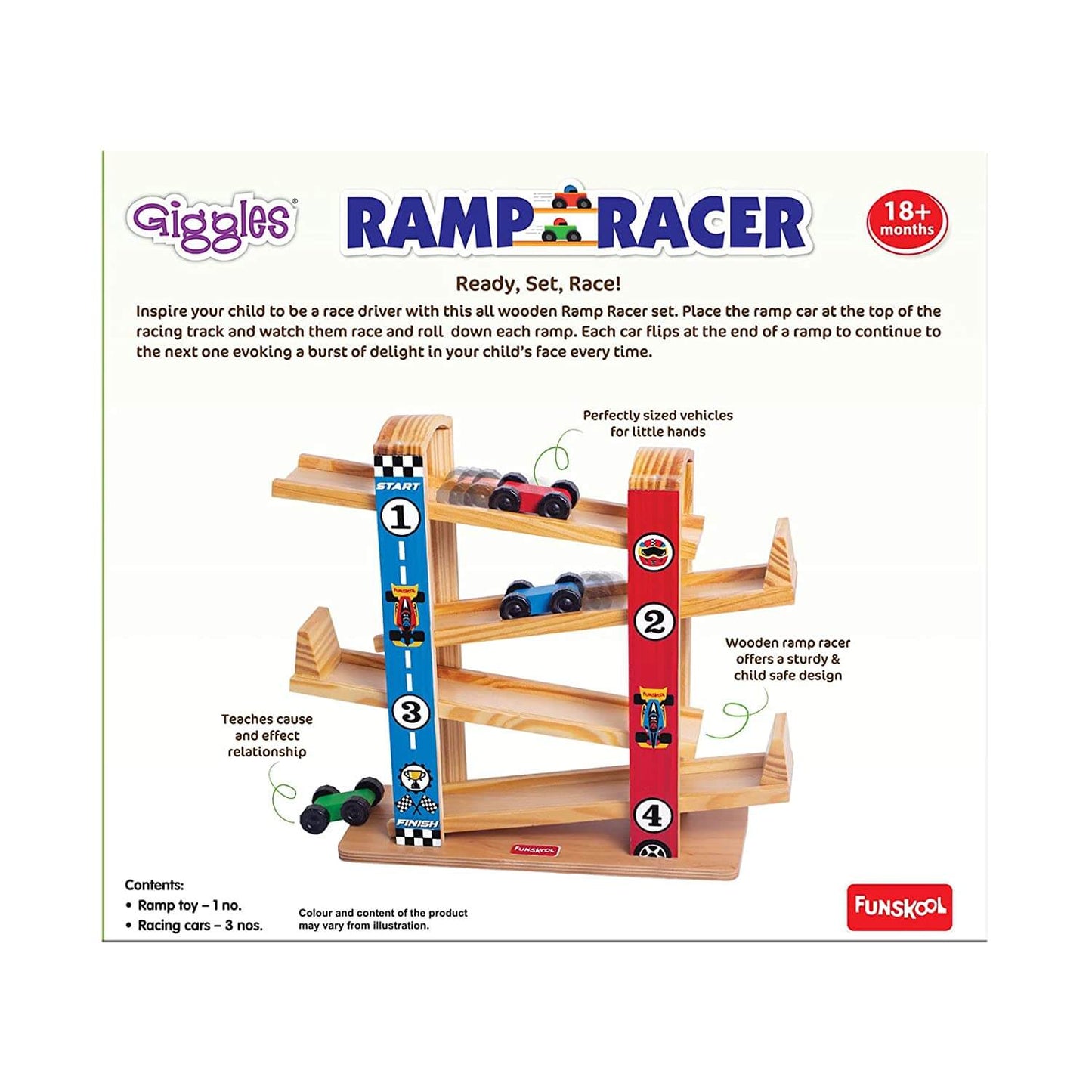Giggles Funskool Ramp Racer, Wooden Racing Toy for Kids with 3 Mini Cars, Encourages Learning & Development, Motor Skills, Fun Activity for Preschool, Gift Set for Kid, Age 18+ Months