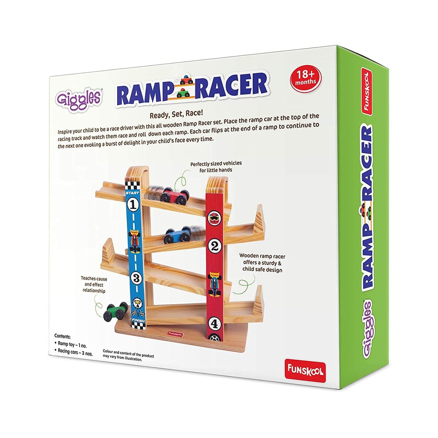 Giggles Funskool Ramp Racer, Wooden Racing Toy for Kids with 3 Mini Cars, Encourages Learning & Development, Motor Skills, Fun Activity for Preschool, Gift Set for Kid, Age 18+ Months