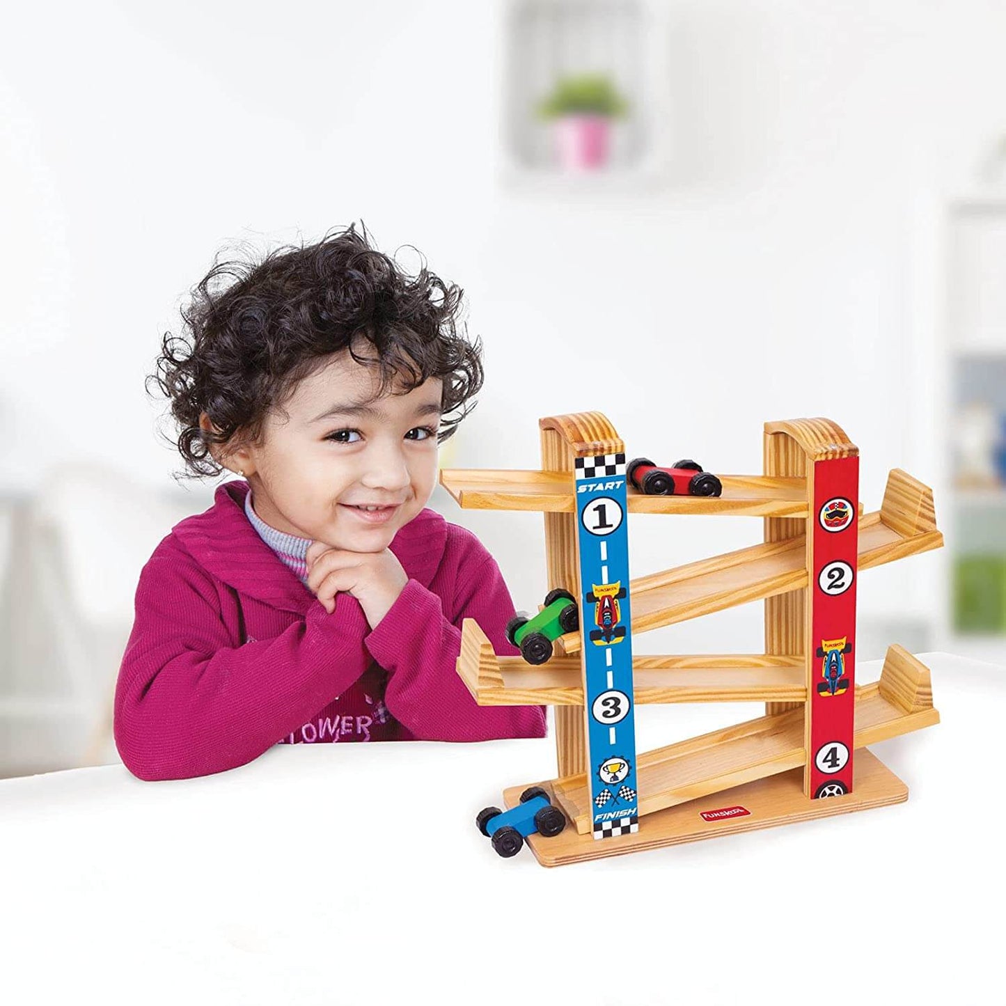 Giggles Funskool Ramp Racer, Wooden Racing Toy for Kids with 3 Mini Cars, Encourages Learning & Development, Motor Skills, Fun Activity for Preschool, Gift Set for Kid, Age 18+ Months