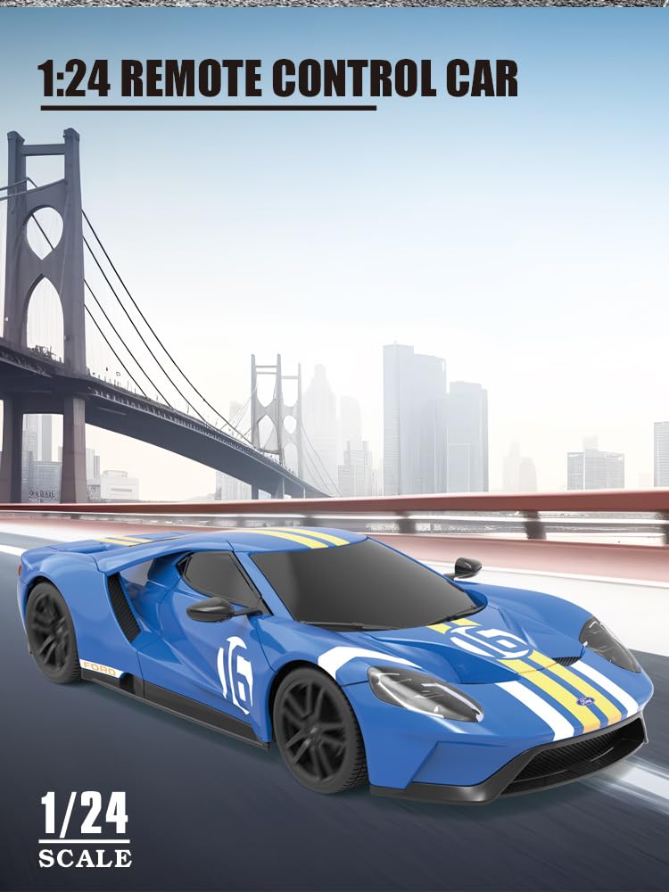 Vinie Remote Control Car for Boys, RC Cars Ford GT Heritage Edition, 1:24 Scale Officially Licensed Kids Toys, Race Car with Cool Led Lights, 4 5 6 7 8 9 10 11 12 Year Old Boy Birthday Gift (Blue)