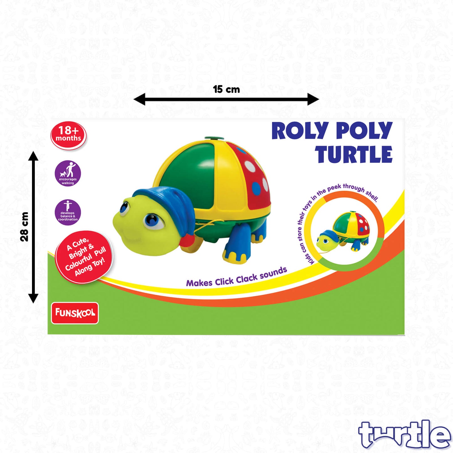 Funskool Giggles - Roly Poly Turtle , Pull along toy, Encourages walking, Rattling sound,Multicolour, 12 months & above, Infant and Preschool Toys
