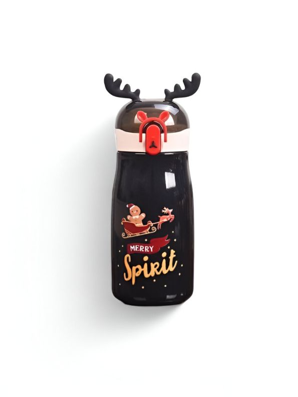 Black - Rudolph – Christmas Theme Kids Water Bottle 300ml | Cute Reindeer Design on Top | Leakproof & BPA-Free NOV3551.