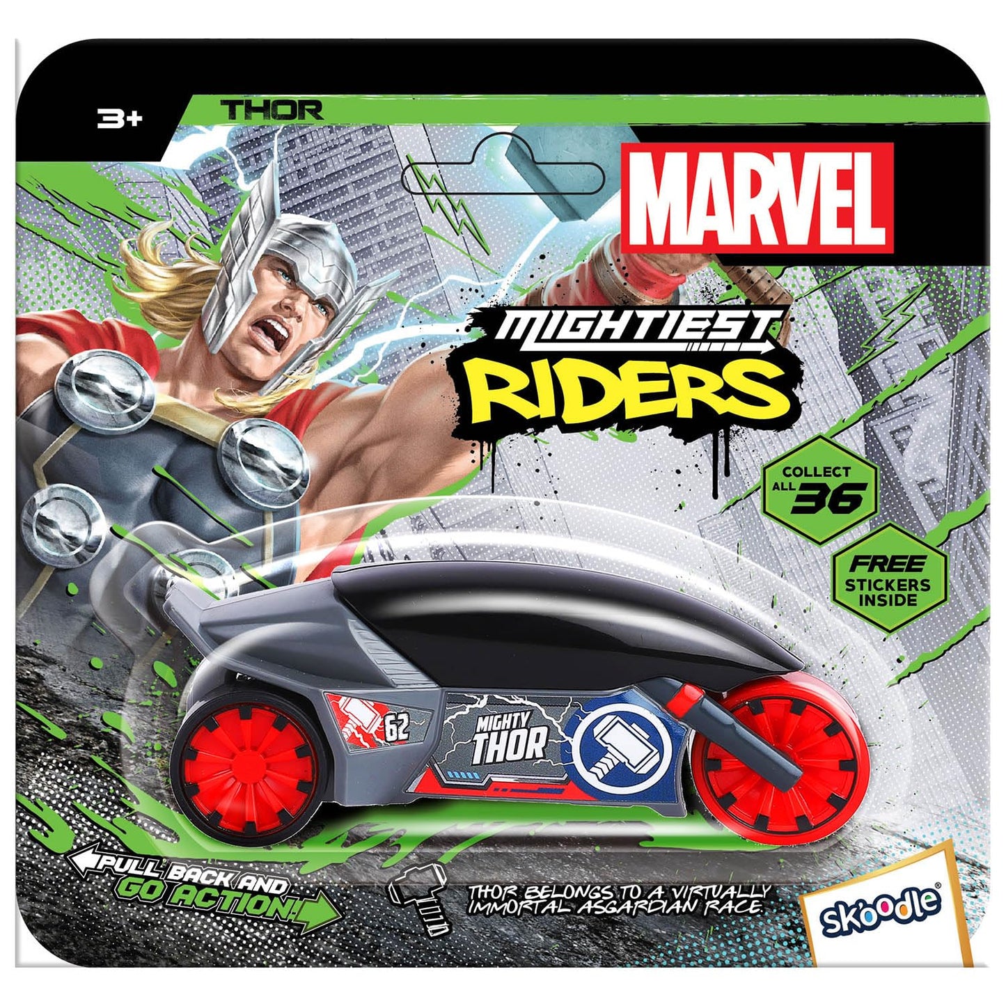 SKOODLE Marvel Pull-Back Rider Bike for Kids - Thor Edition Motorcycles, Marvel Inspired Toy Bikes with Sturdy and Long-Lasting Construction, Enhances Motor Skills and Fun Vehicle Toy for Gift - Grey