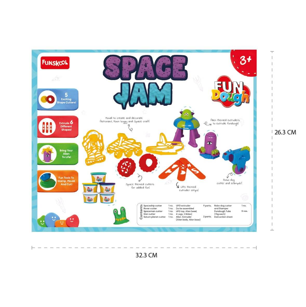 Funskool Fundough Playset Space Jam, pretend play, Space Themed to make Planets, Galaxies, Aliens, Astronauts, Spaceships, 5 tubs of Dough, Toys for Kids, Sculpting, 3 Years and Above, Multicolour