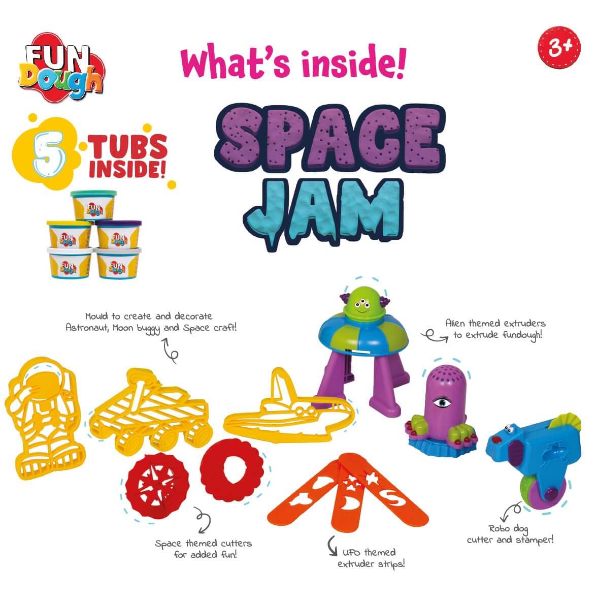 Funskool Fundough Playset Space Jam, pretend play, Space Themed to make Planets, Galaxies, Aliens, Astronauts, Spaceships, 5 tubs of Dough, Toys for Kids, Sculpting, 3 Years and Above, Multicolour