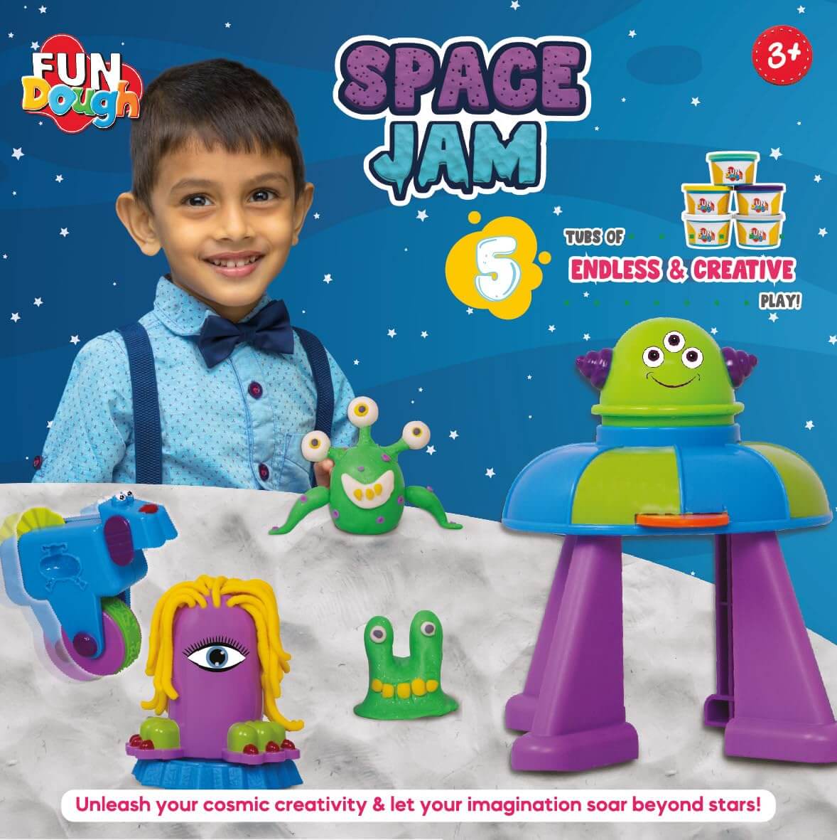 Funskool Fundough Playset Space Jam, pretend play, Space Themed to make Planets, Galaxies, Aliens, Astronauts, Spaceships, 5 tubs of Dough, Toys for Kids, Sculpting, 3 Years and Above, Multicolour