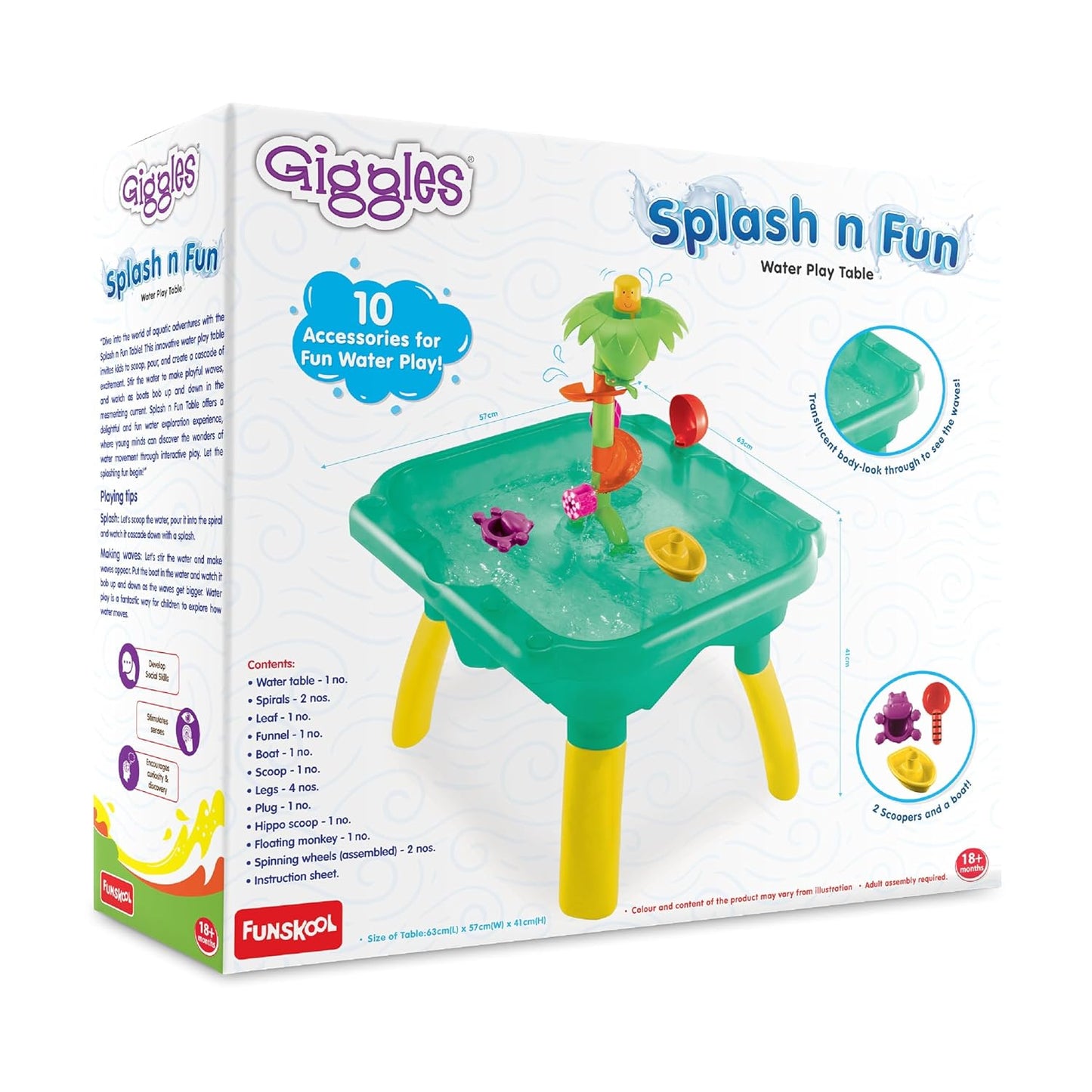 Funskool Kid Giggles Splash N Fun Water Play Table, 10 Accessories for Water Fun Play, Ideal for Pre-Schoolers, Multi-Colour.
