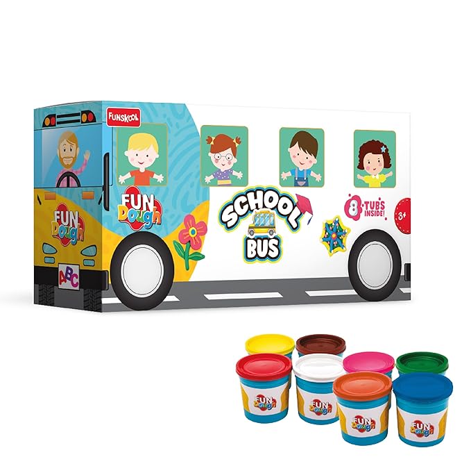 Funskool Fundough Playset School Bus, A for Children, Multicolour, Dough, Toy, Shaping, Sculpting, 3 Years