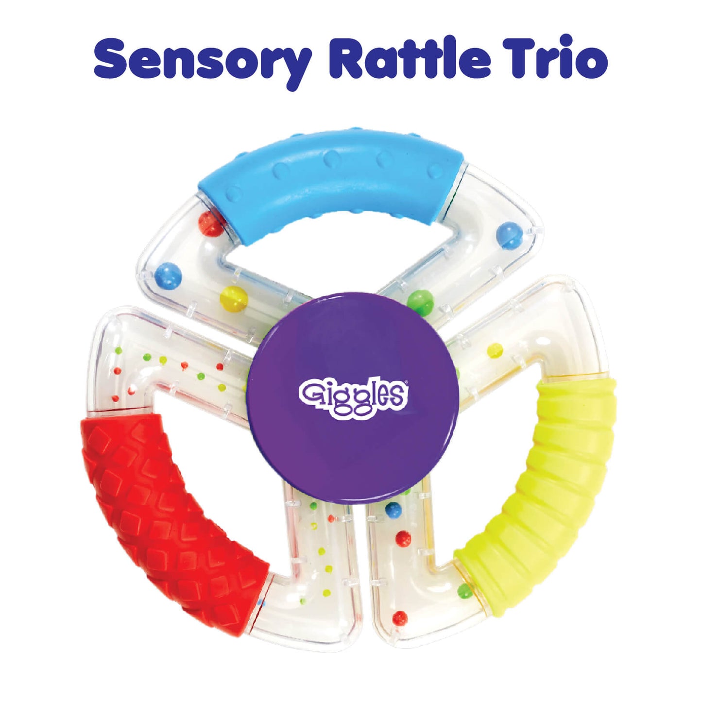 Funskool Giggles Sensory Rattle, Unique Textured Handles, 3 Different rattles, Perfect for Little Hands, 6 Months+, Storage disc provided, Multi-Colour