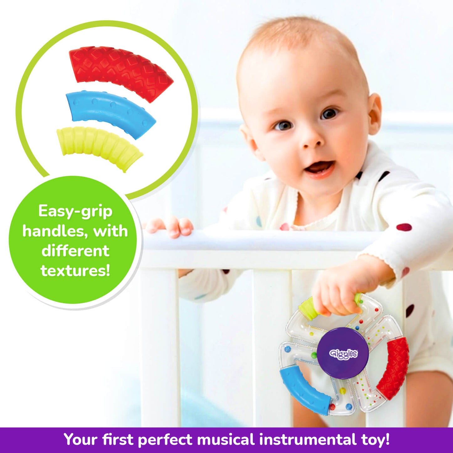 Funskool Giggles Sensory Rattle, Unique Textured Handles, 3 Different rattles, Perfect for Little Hands, 6 Months+, Storage disc provided, Multi-Colour