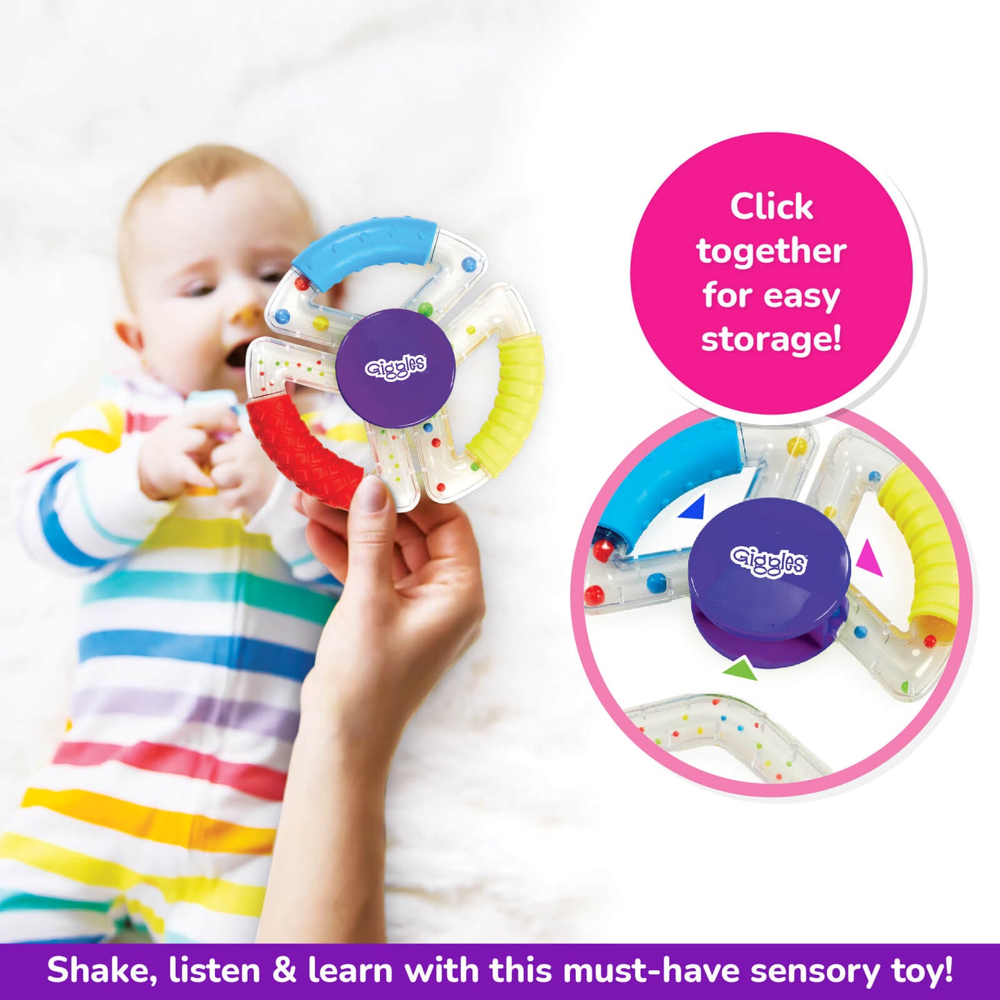 Funskool Giggles Sensory Rattle, Unique Textured Handles, 3 Different rattles, Perfect for Little Hands, 6 Months+, Storage disc provided, Multi-Colour