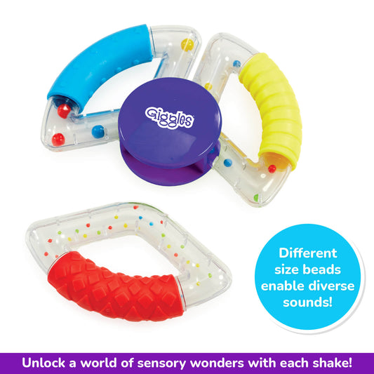 Funskool Giggles Sensory Rattle, Unique Textured Handles, 3 Different rattles, Perfect for Little Hands, 6 Months+, Storage disc provided, Multi-Colour