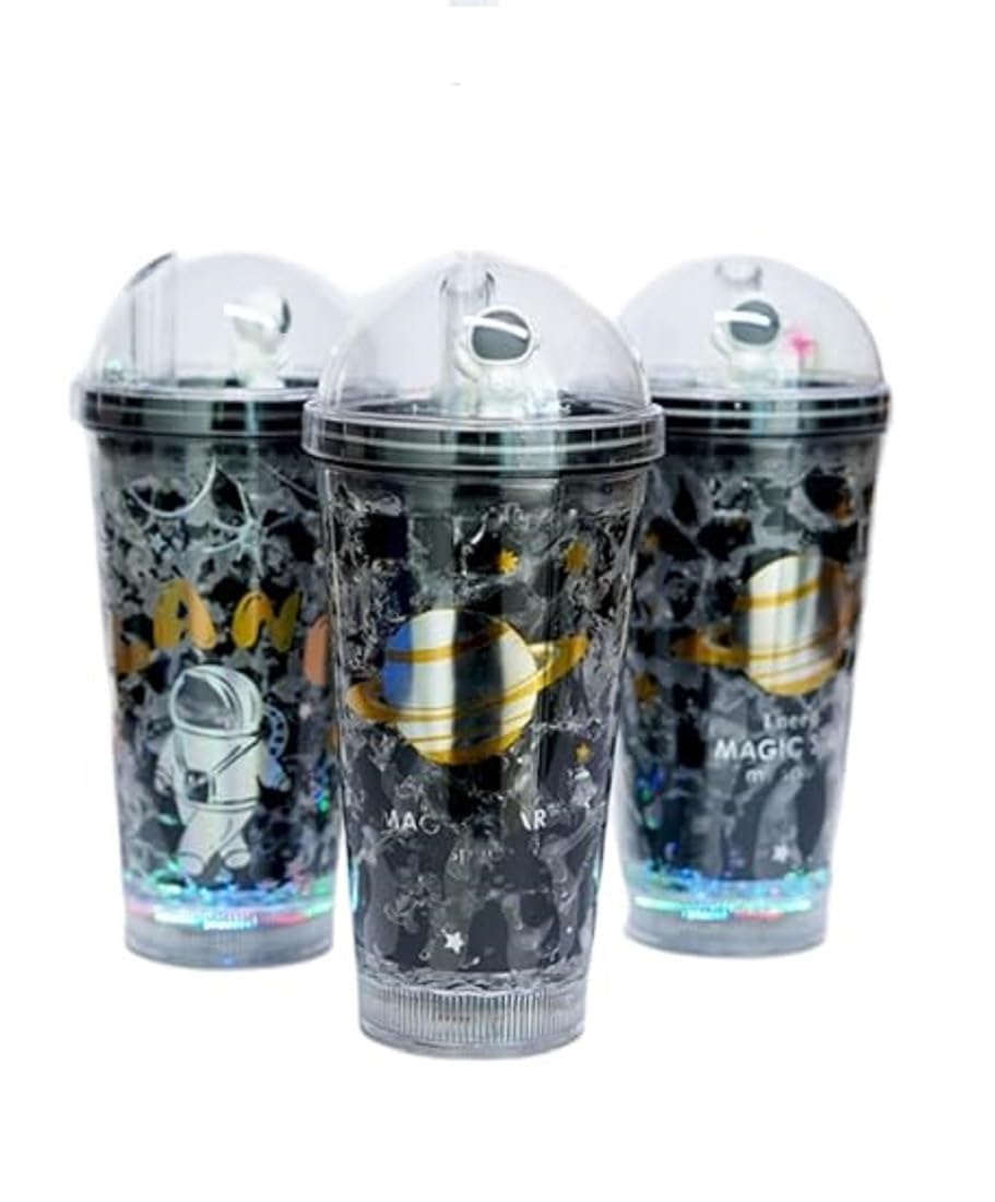 Space Theme Sipper, Astronaut Water Bottle Sipper//Astronaut Pen and Space Theme Pencil // Acrylic Sipper with Straw // Stylish Space Design Tumbler,Ice Look Astroanut Sipper (Pack of 3)