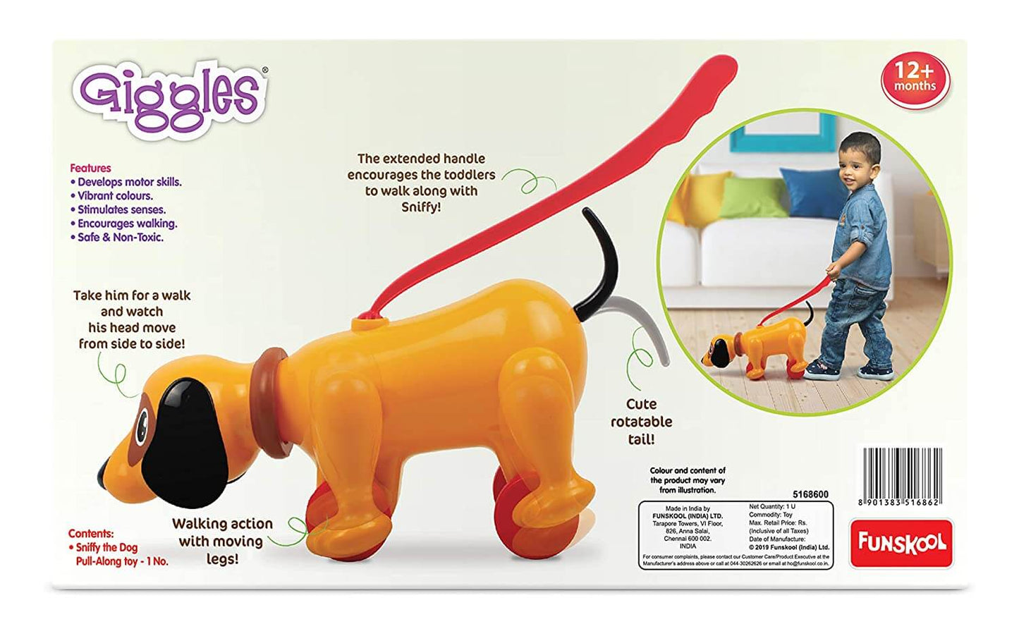 Funskool Giggles - Sniffy The Dog , Pull along toy , Head bobs,Tail wags,Encourages Walking , Toy for 1 year old, Infant and Preschool Toys, 12 months & above