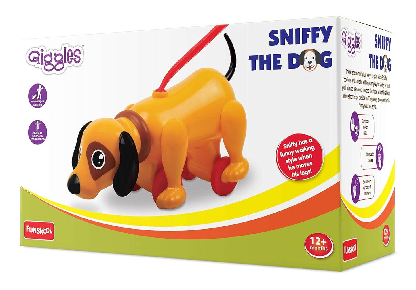 Funskool Giggles - Sniffy The Dog , Pull along toy , Head bobs,Tail wags,Encourages Walking , Toy for 1 year old, Infant and Preschool Toys, 12 months & above