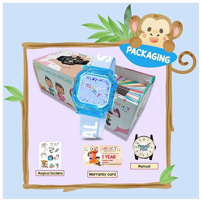 SPIKY Square Analog Kids Watch | Classic Typography Strap | Unbreakabe Silicon Strap | 30M Water Resistant | Stylish & Adorable for Kids Aged 2-12 | Best Birthday Gift for Boys and Girls
