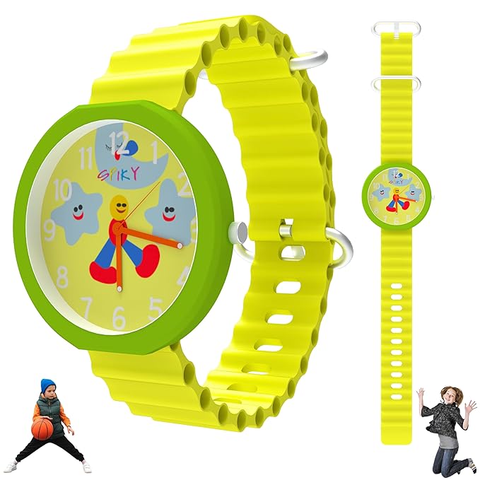 Spiky Round Analog Kids Watch with Star Moon Dial and Textured Strap