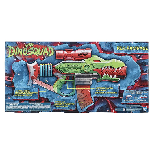 Nerf DinoSquad Rex-Rampage Motorized Dart Blaster, 10-Dart Clip, 20 Official Darts, 10-Dart Storage- T-Rex Dinosaur Design - Multicolor