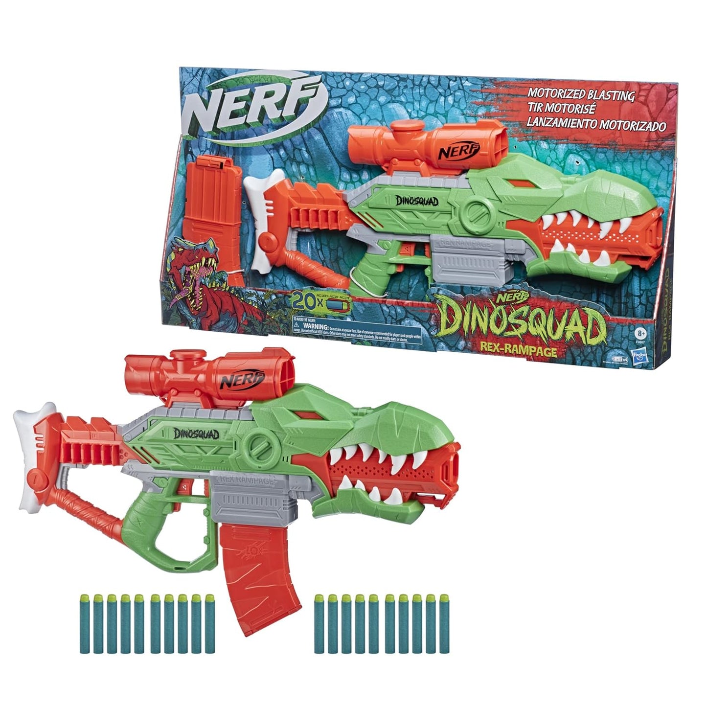 Nerf DinoSquad Rex-Rampage Motorized Dart Blaster, 10-Dart Clip, 20 Official Darts, 10-Dart Storage- T-Rex Dinosaur Design - Multicolor