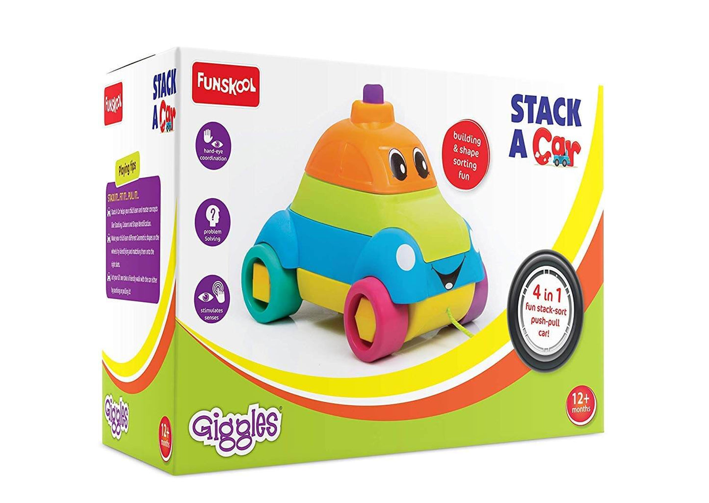 Giggles - Stack A Car, 2 in 1 Pull Along Toy, Walking, Shape Sorting, Pretend Play, 12 Months & Above, Infant and Preschool Toys, Multicolour