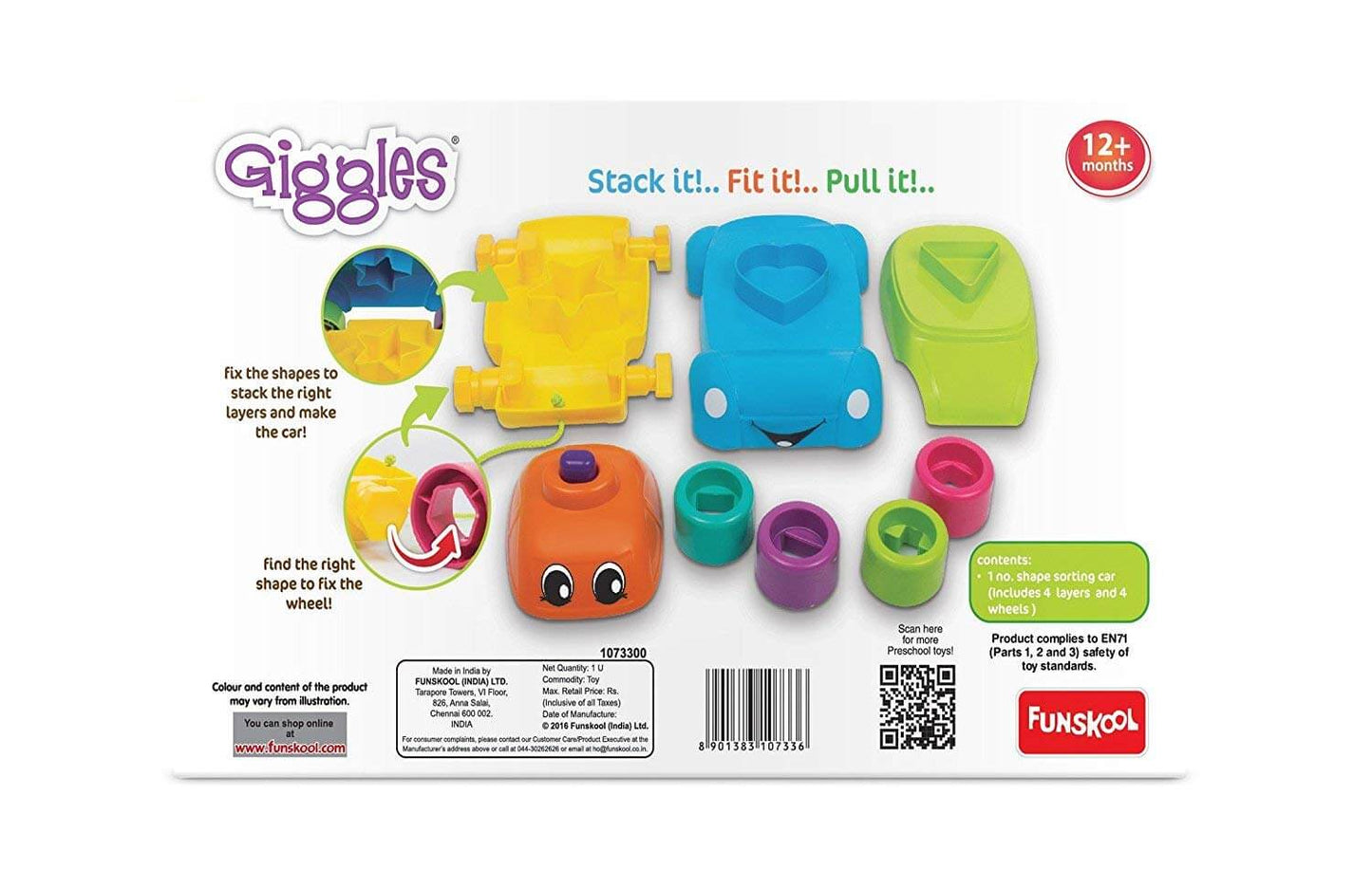 Giggles - Stack A Car, 2 in 1 Pull Along Toy, Walking, Shape Sorting, Pretend Play, 12 Months & Above, Infant and Preschool Toys, Multicolour