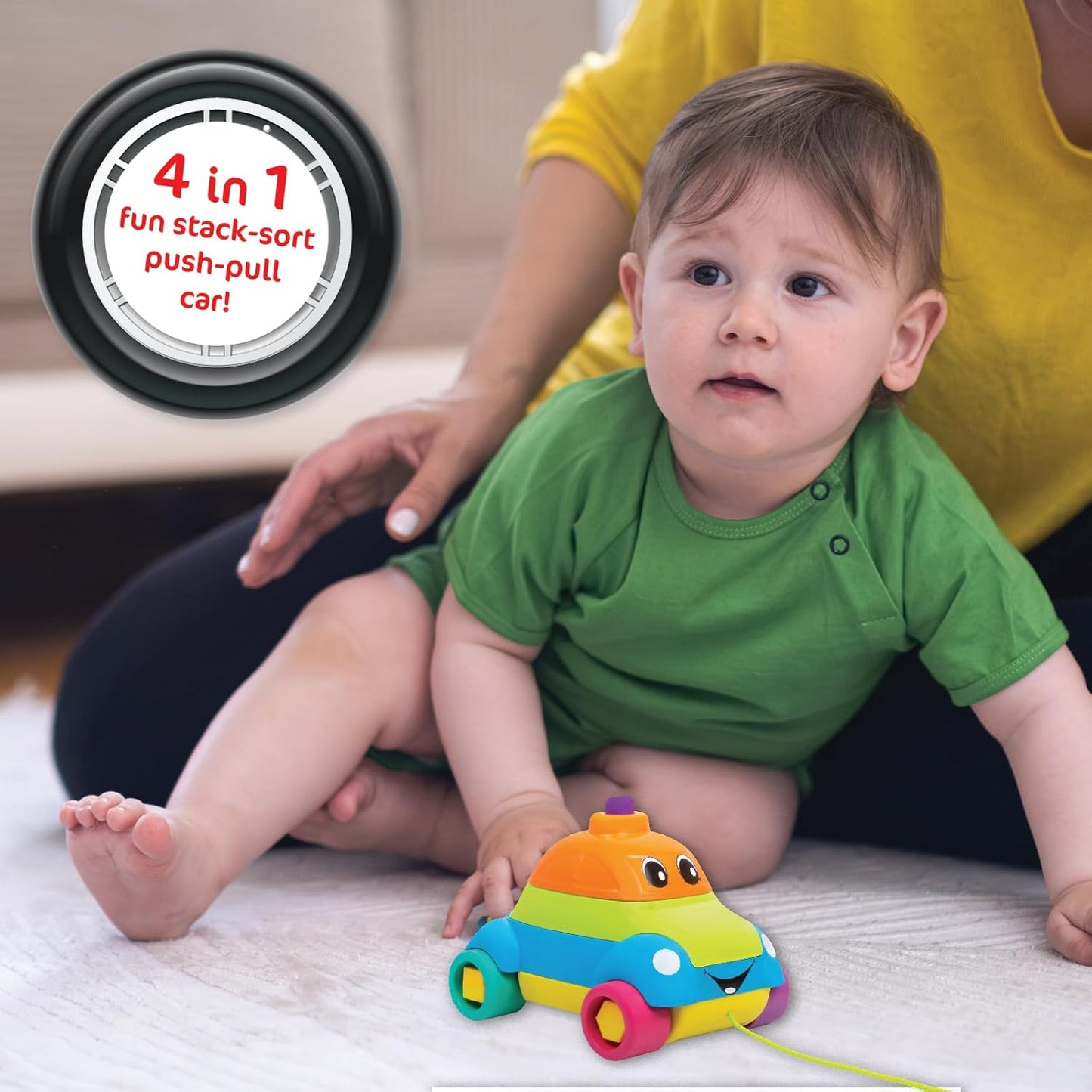 Giggles - Stack A Car, 2 in 1 Pull Along Toy, Walking, Shape Sorting, Pretend Play, 12 Months & Above, Infant and Preschool Toys, Multicolour